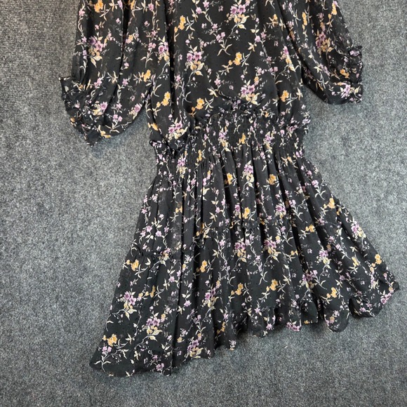 Lulus Floral Clip Dot Smocked Tiered Mini Dress XL Black Puff Sleeve Chiffon - Picture 13 of 16